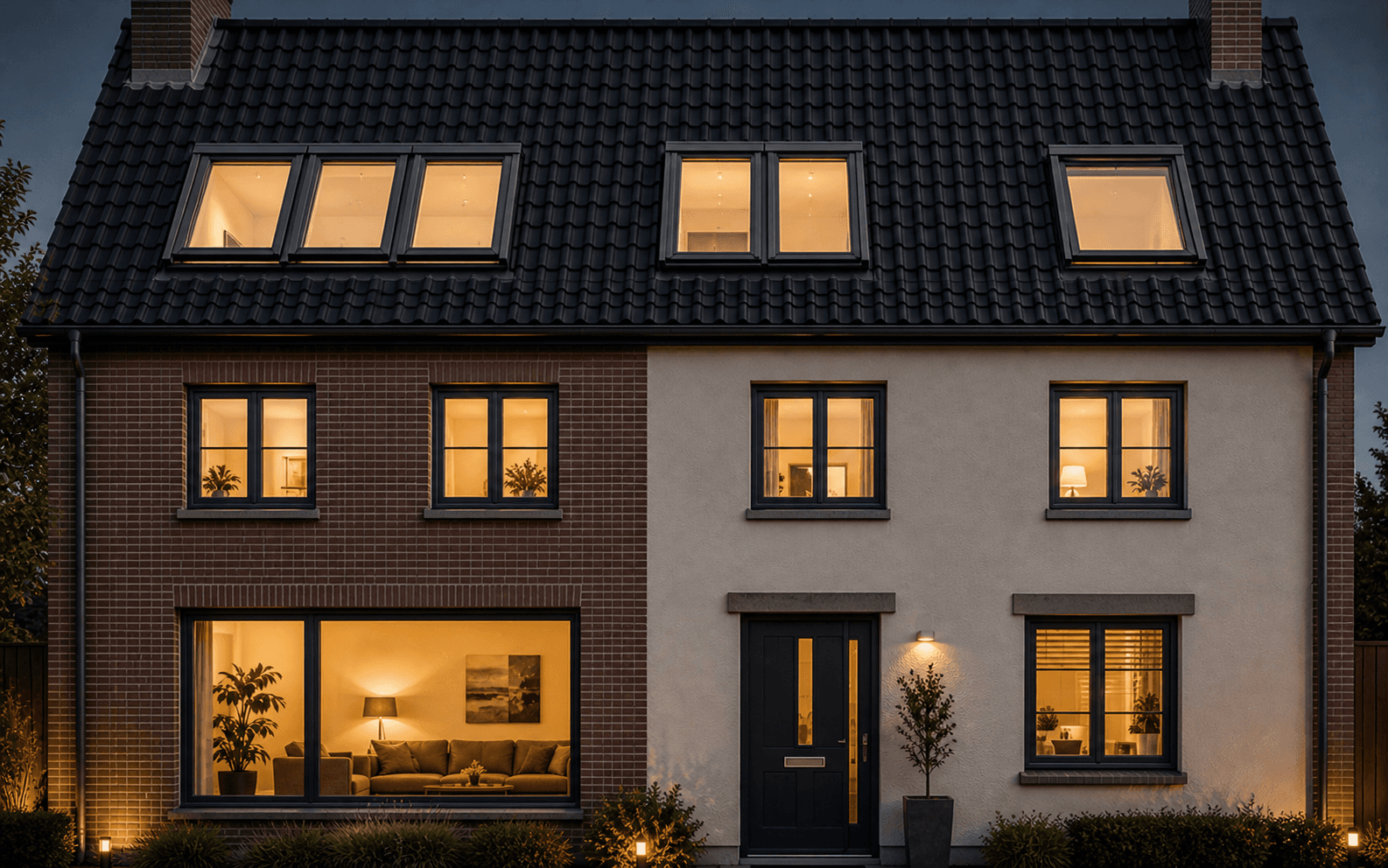 Avondgevel van een woning met dakramen en verlichte kamers